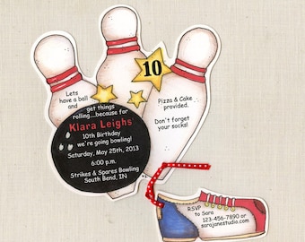 35 Bowling Birthday Party Invitations - Ball - Pins - Bowling Shoe - Strikes and Spares - Personalized - Printed - Artfully Invited