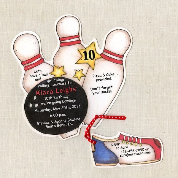 35 Bowling Birthday Party Invitations - Ball - Pins - Bowling Shoe - Strikes and Spares - Personalized - Printed - Artfully Invited