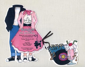 20 - 50's Themed - Birthday Party Invitations - Poodle Skirt - Pink - Black - Personalized - Printed - Artfully Invited - FREE SHIPPING