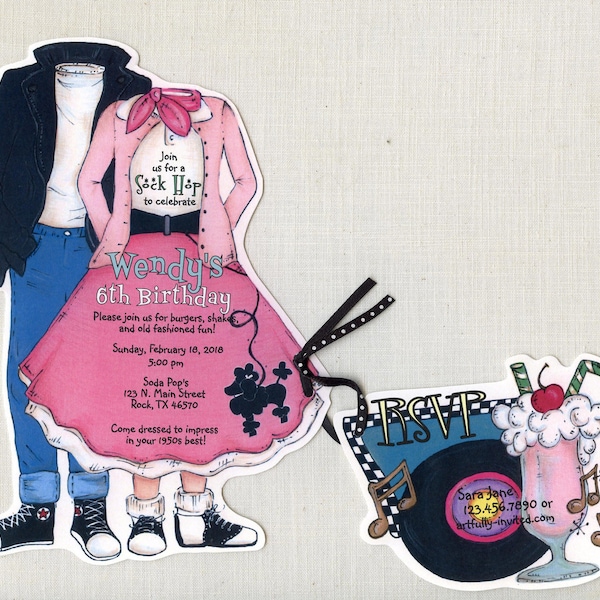 20 - 50's Themed - Birthday Party Invitations - Poodle Skirt - Pink - Black - Personalized - Printed - Artfully Invited - FREE SHIPPING