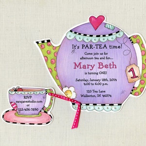 9 Purple Teapot Birthday Party Invitations | Personalized Girl Birthday Invitations | Tea Party Invitations | 6x6 Invite | Tea Pot Birthday