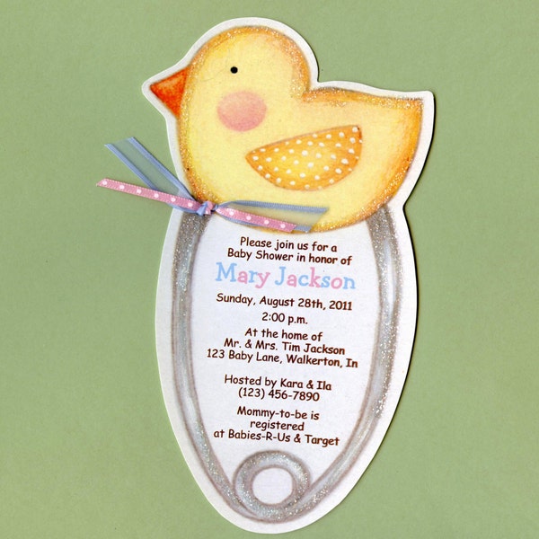 Personalized and Handcut Invitations - Baby Shower Party Invitations - Safety Pin Baby Invitation - Baby Duck Invitation - Set of 10