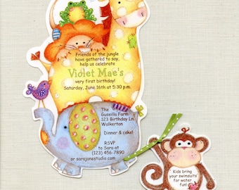 60 Jungle Animal Birthday Party Invitations - Monkey - Giraffe - Elephant - Zoo - Personalized - Ready to Mail -Sara Jane- Colored Envelopes