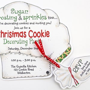 10 Christmas Baking Invitations - Handcut and Personalized- Free Standard Shipping -decorating -cookie -chef hat