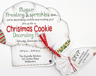 10 Christmas Baking Invitations - Handcut and Personalized- Free Standard Shipping -decorating -cookie -chef hat