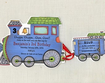 15 Awesome Train Birthday Party Invitations - Locomotive - Blue - Personalized - 5x7 Invite - Handcut - Boy - Sara Jane - Artfully Invited