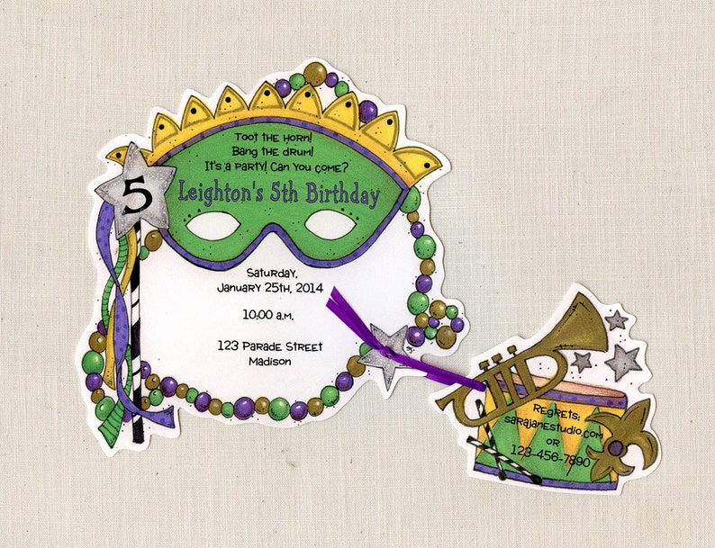 10 Mardi Gras Mask Birthday Party Invitations Personalized Editable Printed Music Green Purple Artfully Invited FREE SHIPPING image 1