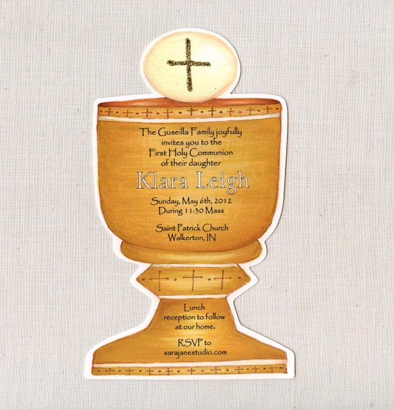 5x7 with Envelopes in Navy Metallic Jacket with Hand Tied Ribbon and Crucifix Size A7 Printed First Communion Gold Chalice Invitation