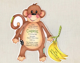 10 Brown Monkey Ready to Mail Birthday Party Invitations - Bananas - Personalized - Editable - Sara Jane - Artfully Invited - Free Shipping