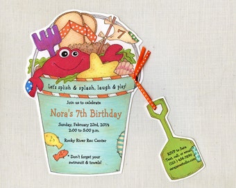 12 Beach Birthday Party Invitations - Pail and Shovel - Crab - Sea Shells - Sandals - Personalized - 5x7 Invitations - Artfully Invited