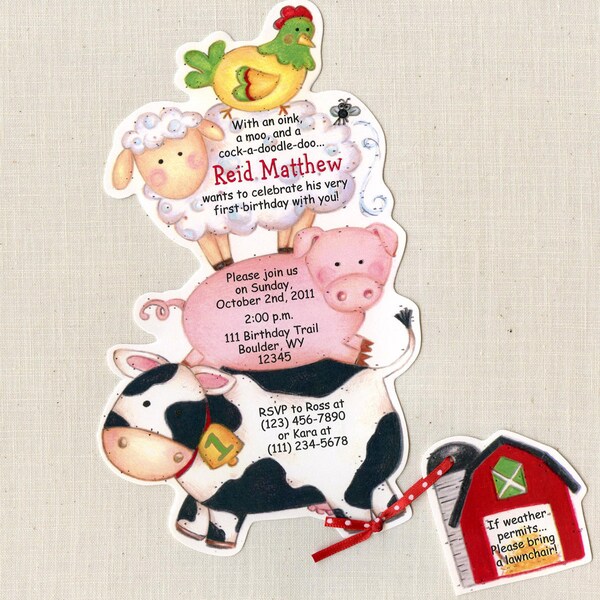 18 Farm Animal Birthday Party Invitations -  Handcut & Personalized