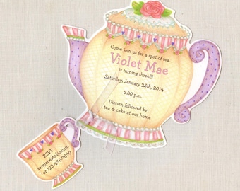 8 Tea Party - Birthday Party Invitations - Teapot - Afternoon Tea - Personalized - Girl - Printed - Purple - Yellow - Artfully Invited