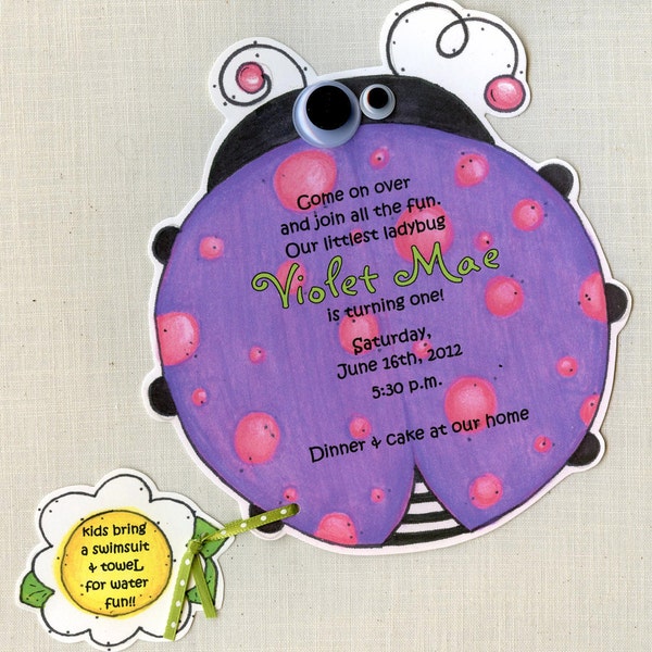 10 Purple Lady Bug Birthday Party Invitations - Handcut & Personalized