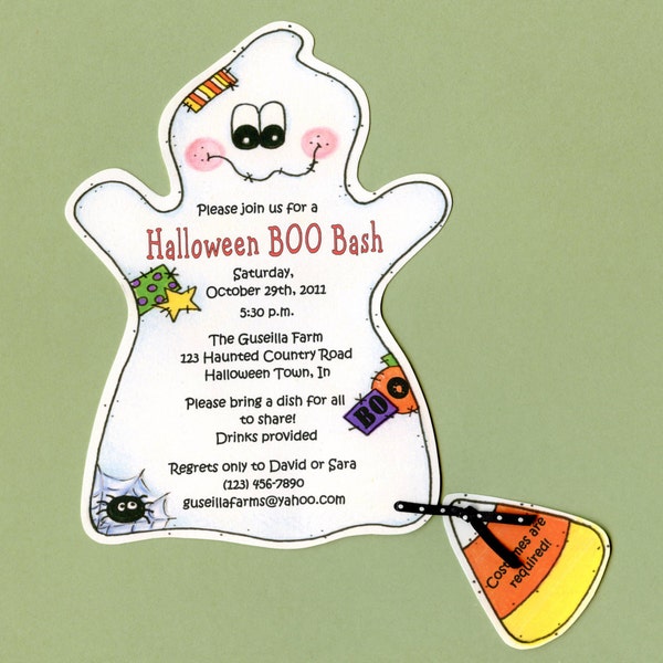 10 White Ghost Halloween Birthday - Costume Party Invitations -  Candy Corn - Personalized -Printed - Ready to Mail - Artfully Invited