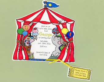 3 Circus Birthday Party Invitations - Big Top - Carnival - Elephant - Clown- Red - Personalized - Printed - Sara Jane - Artfully Invited