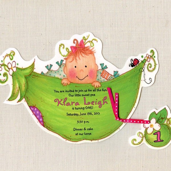 10 Sweet Pea Baby Birthday Party Invitations -  Handcut & Personalized