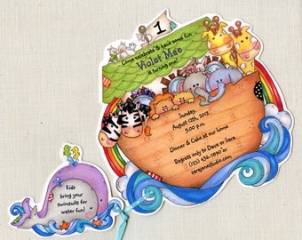 10 Noah's Ark - Birthday Party Invitations - Animal Birthday - Twin Birthday - Personalized - Printed - Artfully Invited - FREE SHIPPING