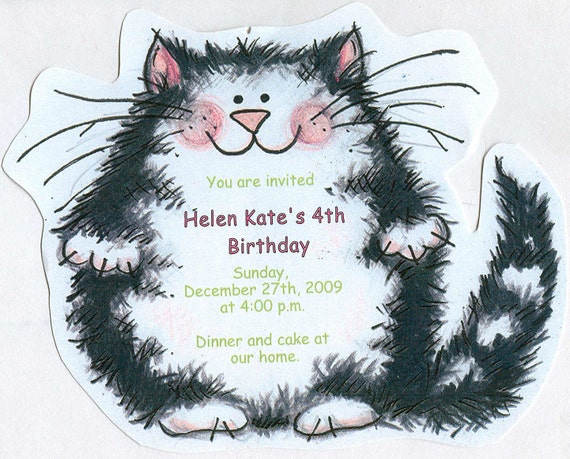 10 Cat Happy Birthday Party Invitations Black And White Kitty Cards Personalized Handcut Sara Jane Original