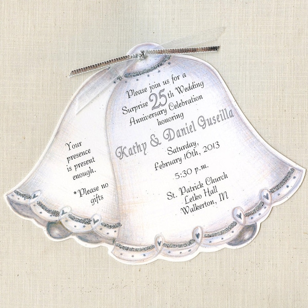 Personalized and Handcut - Party Invitations - 25th - Wedding Anniversary- Invitations - Wedding Bells Invitations - Set of 10