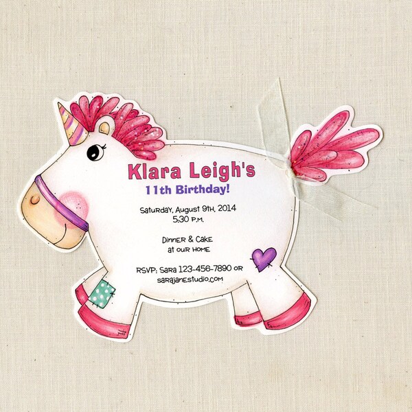 Personalized and Handcut Invitations - Horse Birthday Party Invitations - Unicorn Birthday Invitation - Fluffy Unicorn - Set of 25