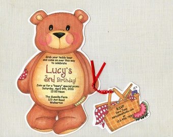 Teddy Bear - Picnic - Basket - Personalized - Party - Invitations - Birthday - Printed - Handcut - Summer - Sara Jane - Set of 20