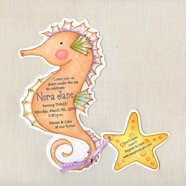 Personalized - Handcut Invitations - Birthday Party - Seahorse - Birthday - Seahorse Invitation - Ocean - 20 invites