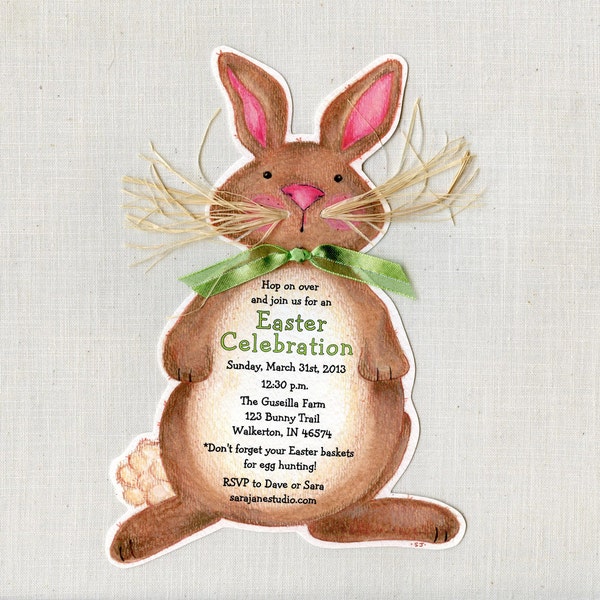 10 Easter - Birthday - Bunny - Party - Invitations - Handcut - Rabbit - Brown Bunny - Invite - Artfully Invited - Printed - FREE SHIPPING