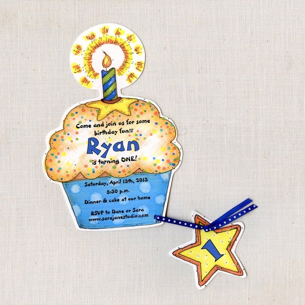 6 Blue Cupcake Birthday Party Invitations -  Handcut & Personalized