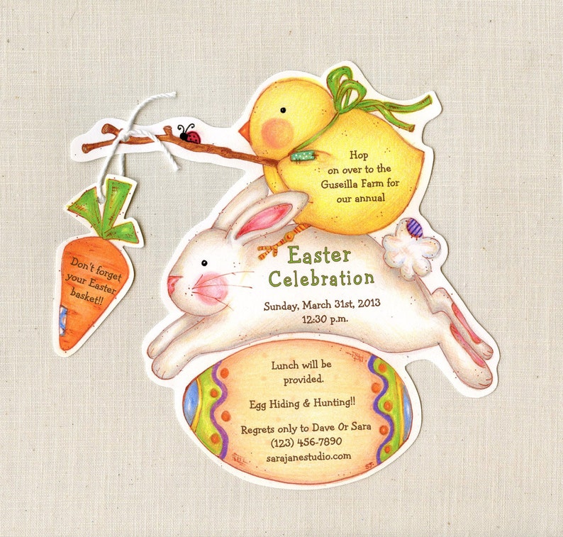 10 Easter Bunny Chick Invitations Birthday Party Personalized Chick Egg Hunt Sara Jane Artfully Invited FREE SHIPPING image 1