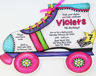 30 Girl Roller Skate - Birthday - Party - Invitations - Personalized - 5x7 Invite - Handmade - Girlie - Pink - Purple - Artfully Invited