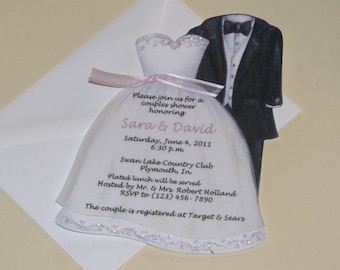 Personnalisé et Handcut Party Invitations - Couples Bridal Shower Party Invitations - robe de mariée et des Invitations de Tux - Set de 10