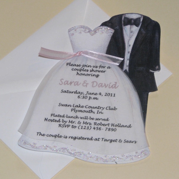 Personalized and Handcut Party Invitations - Couples Bridal Shower Party Invitations - Bridal Dress and Tux Invitations - Set of 10