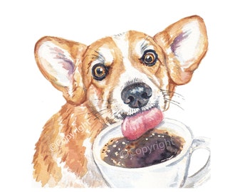 Watercolour Painting of a Corgi Dog Drinking Coffee