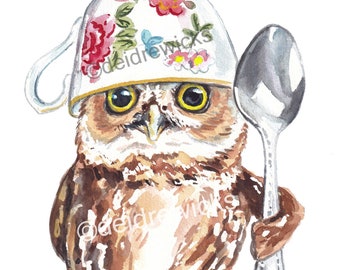 Tea Fight Owl Watercolour Painting Print