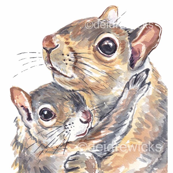 Squirrel Watercolour Painting Print of Two Squirrels Hugging