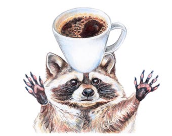 The Coffee Gods Coloured Pencil Print of a Raccoon Who LOVES his Morning Coffee