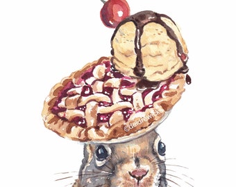 Squirrel Watercolour Painting Print - Pie and Ice Cream Hat A La Mode