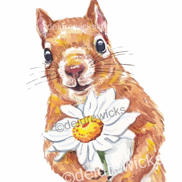 Be My Daisy Squirrel Watercolour Painting PRINT