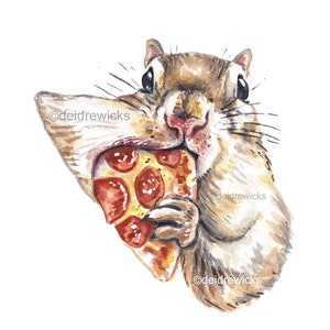 Squirrel Watercolour Painting - Fine Art Print for a Nursery or Kitchen, Stuffed Pizza Bite