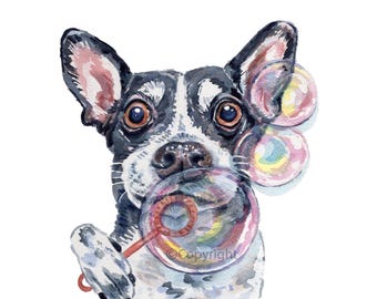 Bubble Terrier Mix Dog Watercolour Painting Print