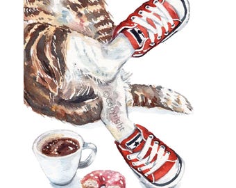 Weekend Vibe Watercolour Tabby Cat Art Print