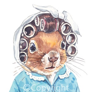 Granny Style Watercolour Painting of a Squirrel Wearing Hair Curlers and a House Coat image 3