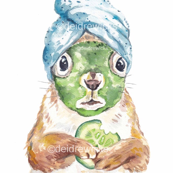 Spa Squirrel Watercolour PRINT - Archival Fine Art Print of a Squirrel Wearing a Clay Mask