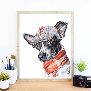 Dapper Dog Rat Terrier Mix Art Coloured Pencil drawing of Dog Wearing a Cap and Scarf image 5