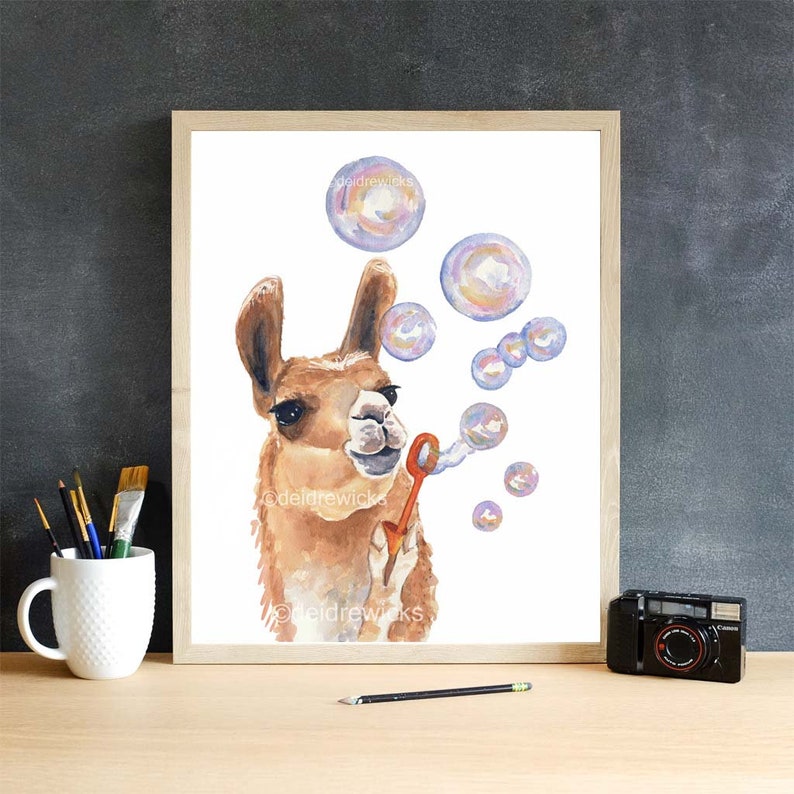 Llama Painting Watercolor Fine Art PRINT Soap Bubbles, Llama Watercolour, Nursery Art, Llama Lover Gift image 6