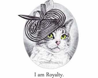 Royal Tabby Cat Ballpoint Pen Ink Art - Print of a Kitty Wearing a Fascinator Hat