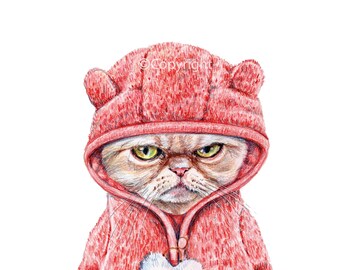 Grumpy Cat in a Fluffy Pink Hoodie Fine Art Print