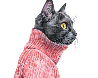 Coloured Pencil Art Featuring a Black Cat Wearing a Turtleneck Sweater