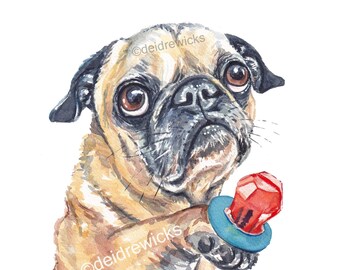 Adorable Pug Dog Watercolour Painting - Wanna Lick? Print