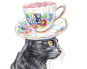 Tea Loving Black Cat Coloured Pencil Art Print